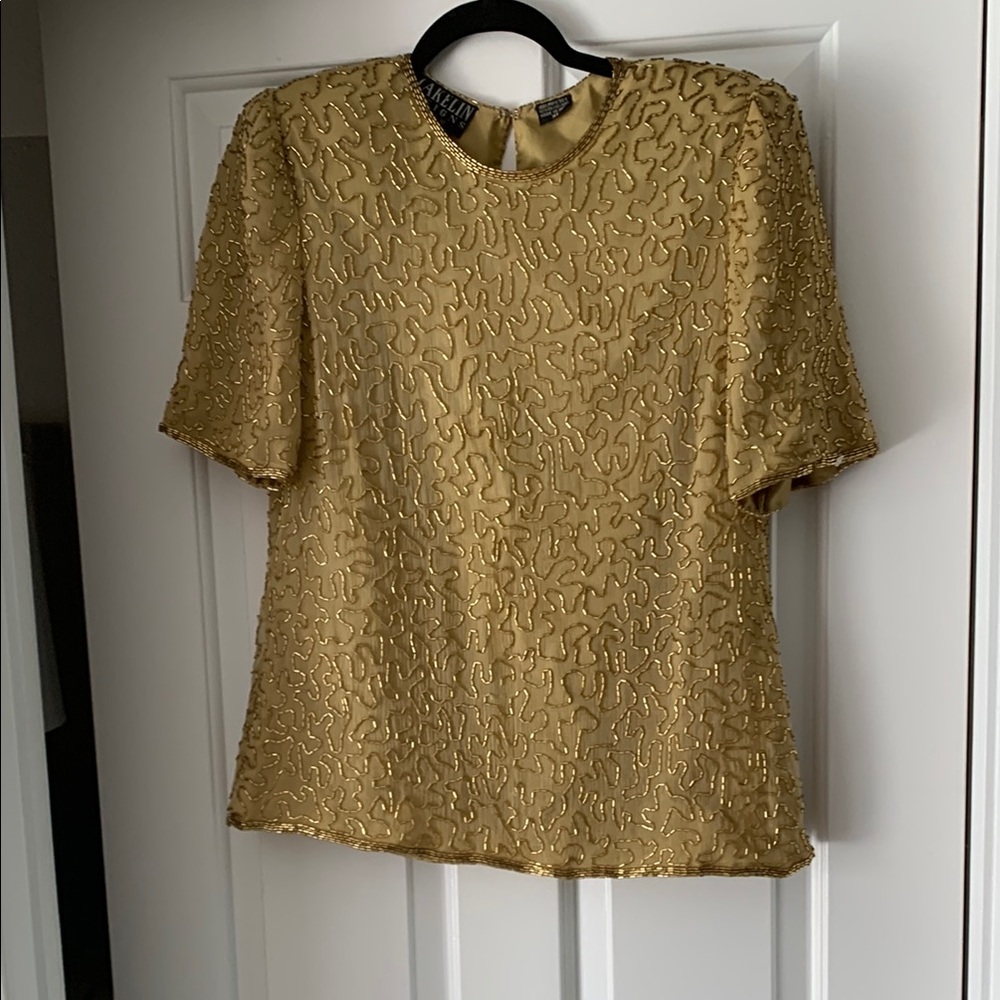 Gold Boxy Short Sleeve Embellished Blouse